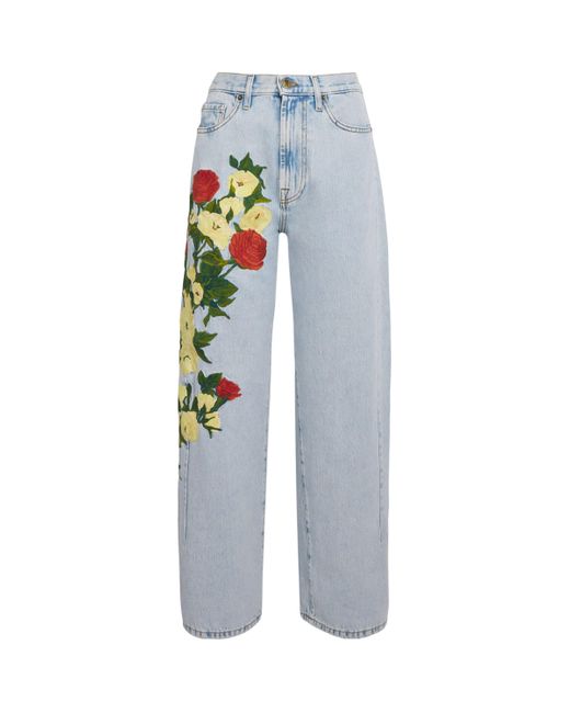 LaDoubleJ Blue Floral Appliqué Barrel-Leg Jeans