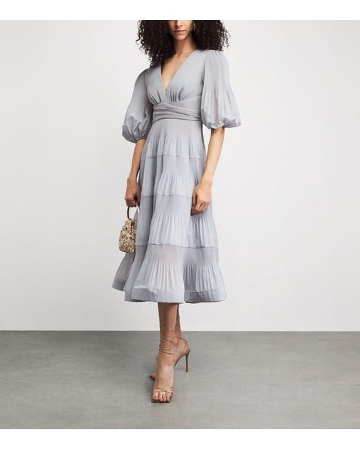 Zimmermann Gray Pleated Plunge-Neck Midi Dress