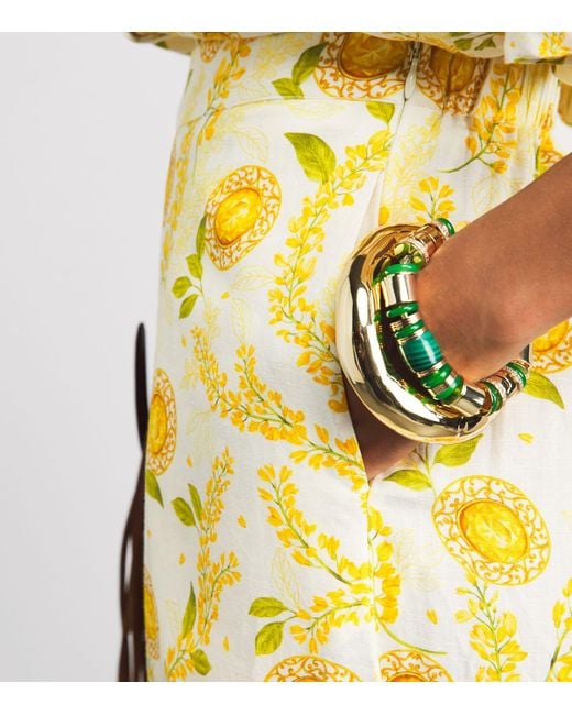 VERANDAH Yellow Linen-Cotton Floral Wide-Leg Trousers