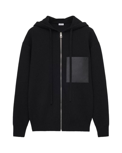 Loewe Black Wool-Blend Leather-Pocket Hoodie for men
