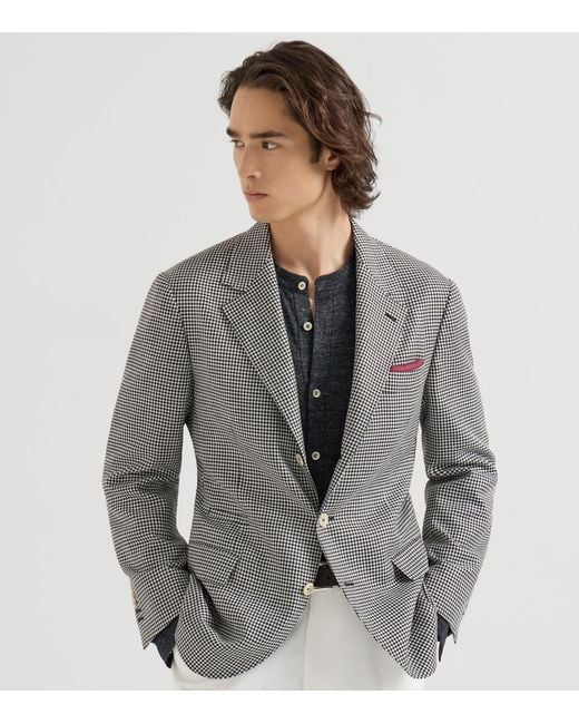 Brunello Cucinelli Gray Virgin Wool-Blend Houndstooth Deconstructed Blazer for men