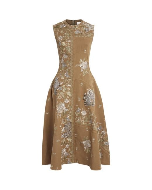 Erdem Natural Denim-Crystal Embroidered Midi Dress