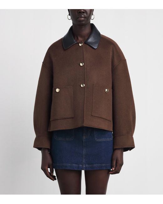 Maje Brown Wool-Blend Leather-Collar Jacket