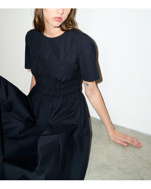 MAX&Co. Blue Cotton-Virgin Wool Shirred Midi Dress