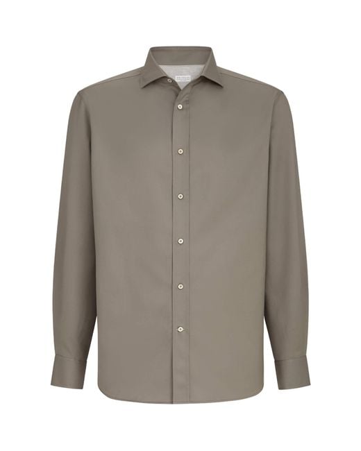 Brunello Cucinelli Gray Cotton Twill Garment-Dyed Shirt for men