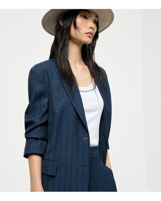 Brunello Cucinelli Blue Chalk Stripe Belted Blazer