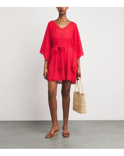 Melissa Odabash Red Crochet Tie-Waist Petra Kaftan