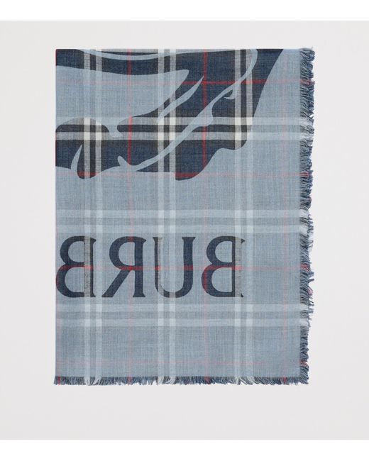 Burberry Blue Wool-Silk Wide Ekd Check Scarf