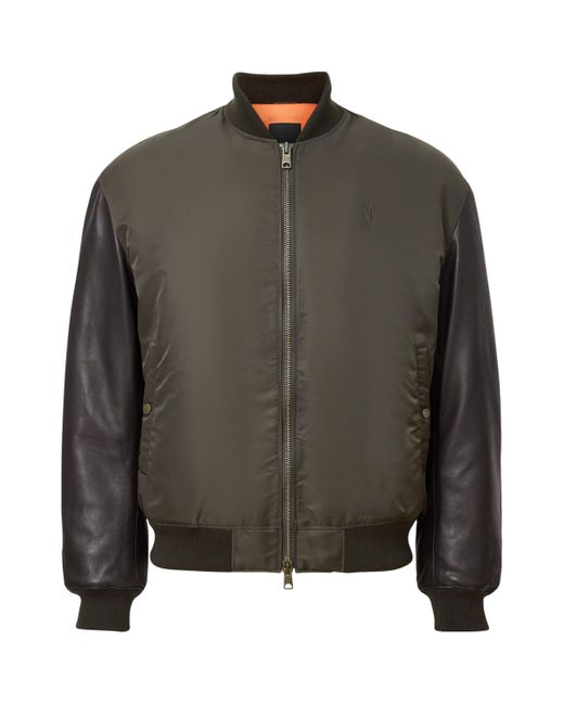 AllSaints Men's Green Leather-Sleeve Myler Bomber Jacket
