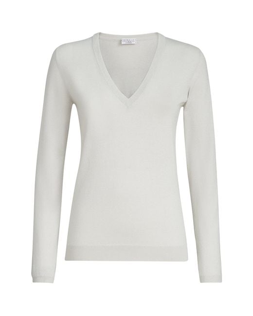 Brunello Cucinelli Gray Cashmere-Silk-Blend V-Neck Sweater