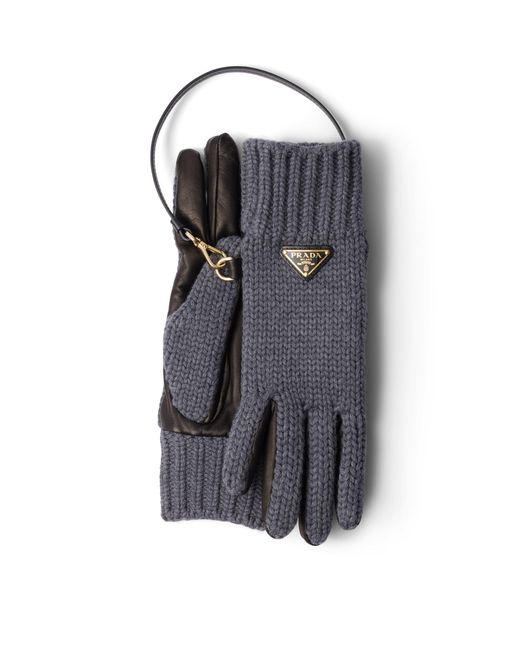Prada Gray Wool And Leather Gloves