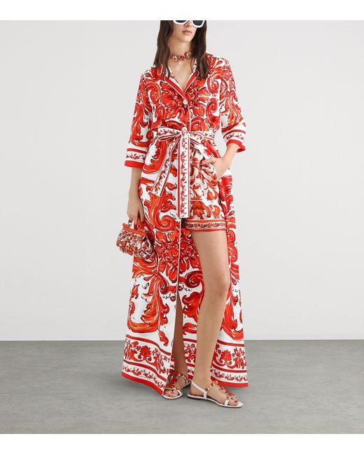 Dolce & Gabbana Red Silk Majolica Print Shirt Dress