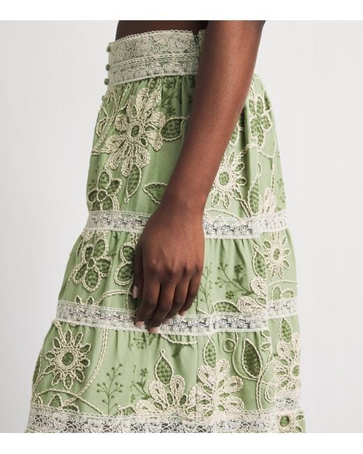 Alice + Olivia Green Embroidered Adira Maxi Skirt