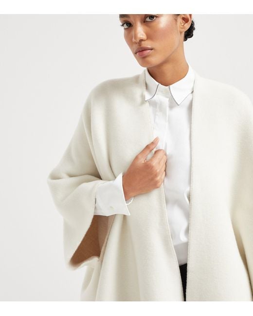 Brunello Cucinelli White Wool-Cashmere Reversible Poncho