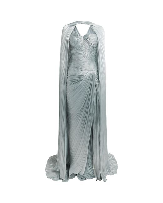Marmar Halim Gray Asymmetric Pleated Cape Gown