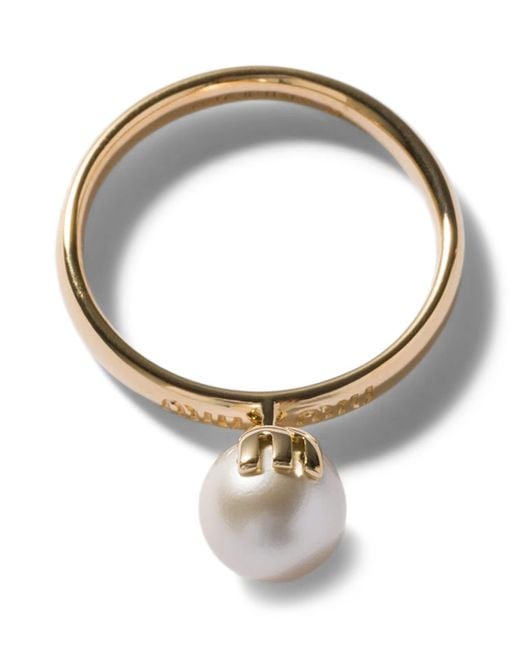 Miu Miu Metallic Faux Pearl Pendant Ring