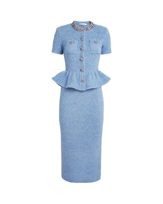 Self-Portrait Blue Knitted Peplum Midi Dress