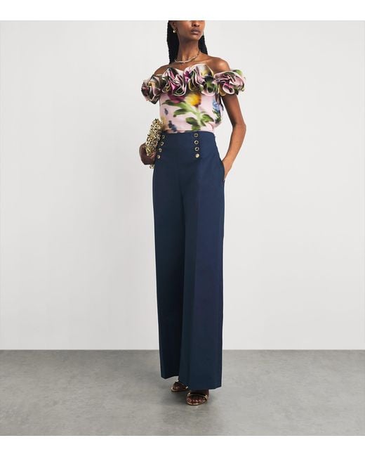 Carolina Herrera Blue Stretch-Cotton Alba Wide-Leg Trousers