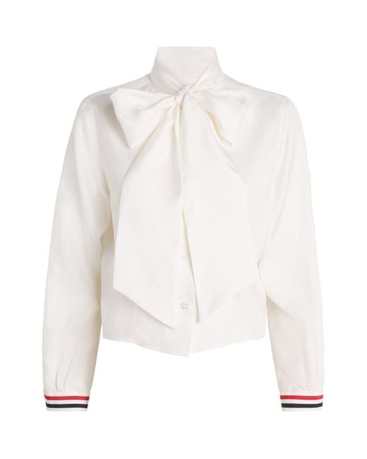 Thom Browne White Silk Bow-Collar Blouse
