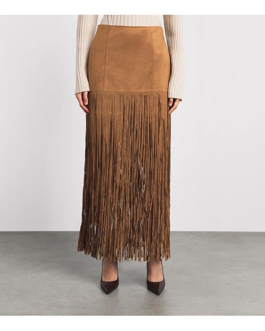 Toccin Brown Faux Leather Fringe Soren Midi Skirt