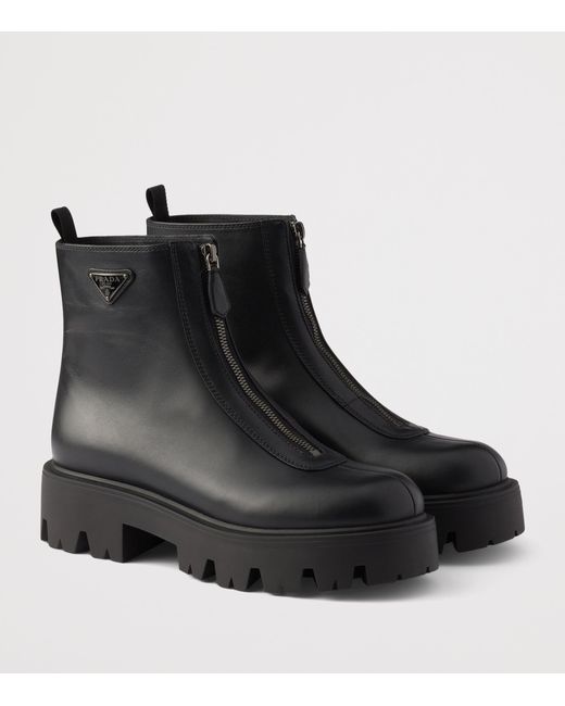 Prada Black Leather Zipped Ankle Boots 50