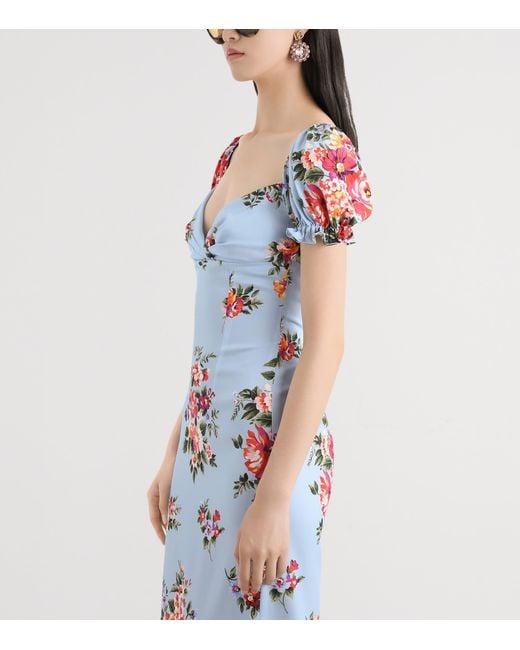 Dolce & Gabbana Blue Silk-Blend Bouquet Print Midi Dress