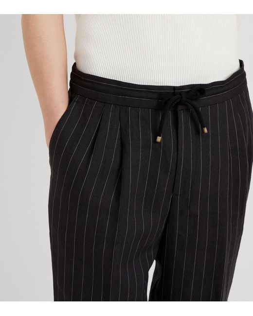 Brunello Cucinelli Black Linen Chalk-stripe Trousers for men