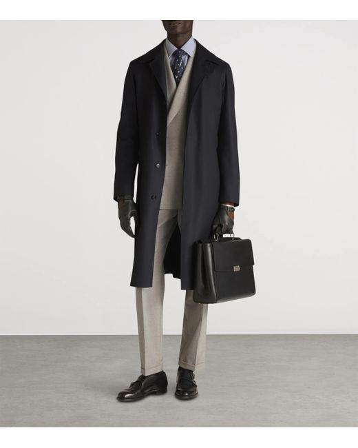 Dunhill Blue Wool Super 180S Balmacaan Coat for men