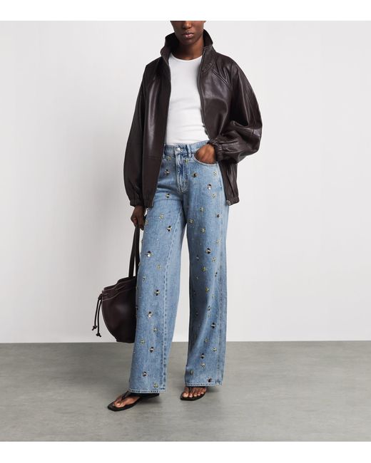 Veronica Beard Blue Embellished Kasey Mid-Rise Wide-Leg Jeans