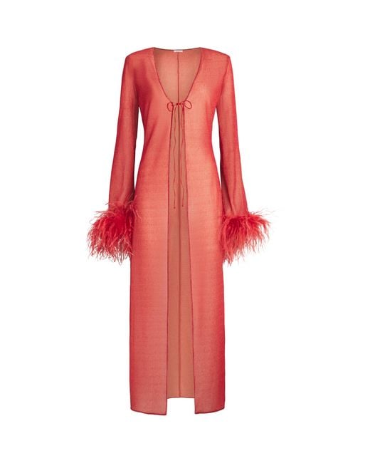 Oseree Red Feather-Trim Maxi Kaftan Dress