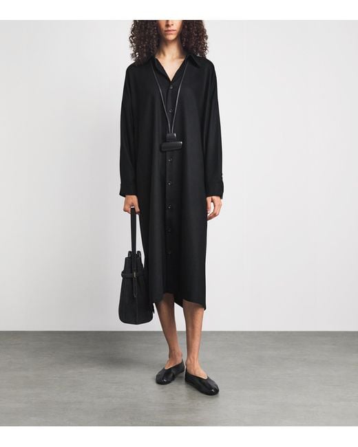 Eskandar Black Virgin Wool-Cashmere Wide Midi Shirt Dress