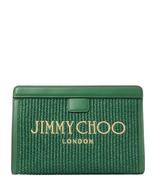 Jimmy Choo Green Raffia Leather-Trim Avenue Pouch