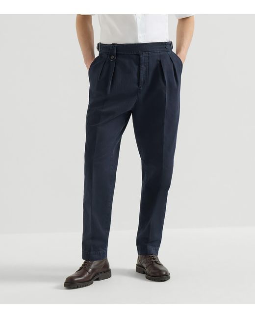 Brunello Cucinelli Blue Cotton Chevron Double-Pleated Trousers