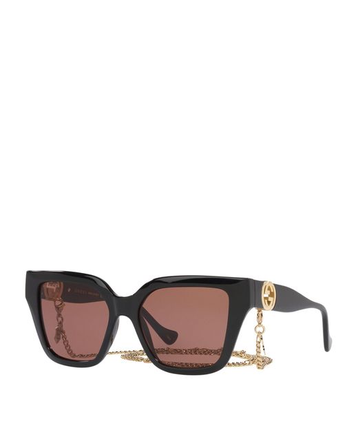 Gucci Brown Rectangle Sunglasses With Chain