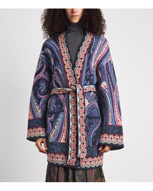Etro Blue Paisley Waist-Belt Cardigan