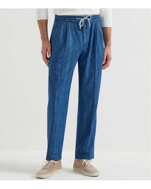 Brunello Cucinelli Blue Denim Drawstring Trousers for men