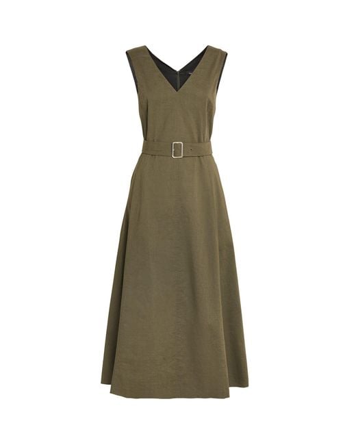 Theory Green Linen-blend V-neck Midi Dress