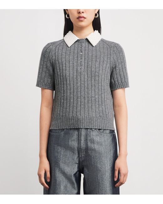 Maje Gray Wool-Blend Beaded-Collar Polo Sweater