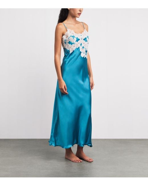 Loretta Caponi Blue Silk Lace-Detail Giadeite Nightdress