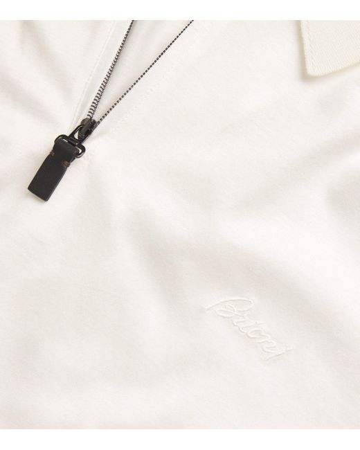 Brioni White Cotton Zip-Up Polo Shirt for men