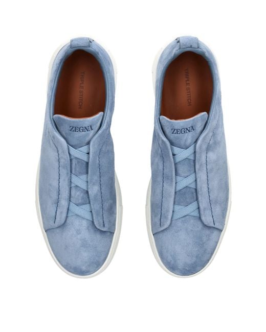 Zegna Blue Suede Triple Stitchtm Low Top Sneakers for men