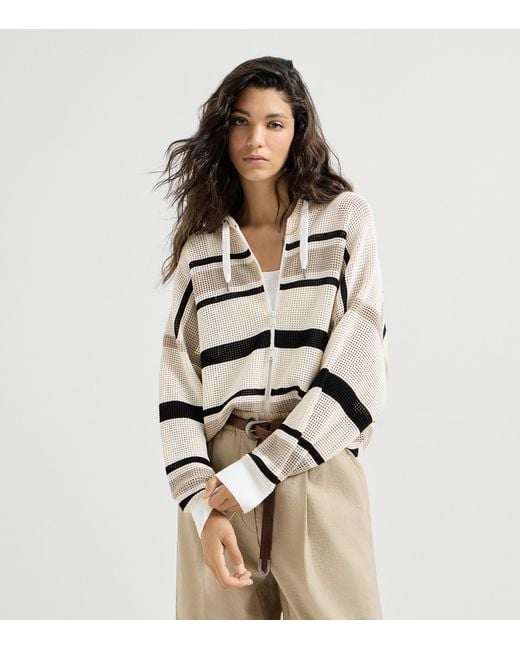 Brunello Cucinelli White Cotton Stripe Zip-Up Hoodie