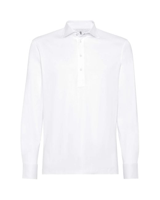 Brunello Cucinelli White Cotton Long-Sleeve Polo Shirt for men