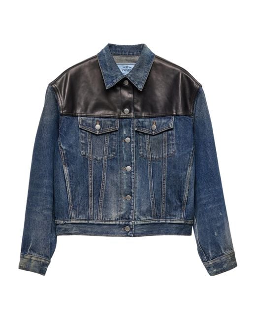 Prada Blue Leather-Trim Denim Jacket