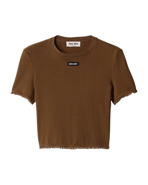 Miu Miu Brown Cotton Pointelle Cropped T-Shirt