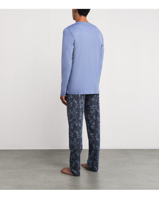 Hanro Blue Cotton Night & Day Vine Pyjama Set for men