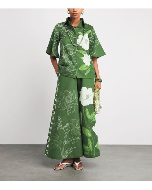 VERANDAH Green Floral Wide-Leg Trousers
