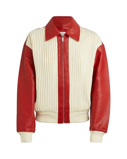 Claudie Pierlot Red Rib-Knit Leather-Trim Bomber Jacket