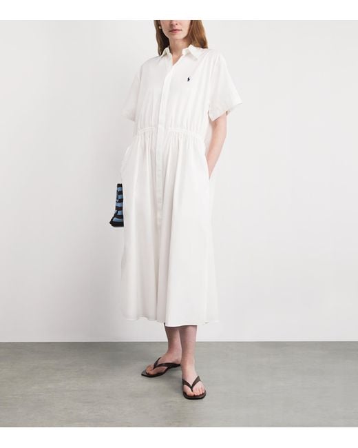 Polo Ralph Lauren White Cotton Polo Pony Midi Shirt Dress