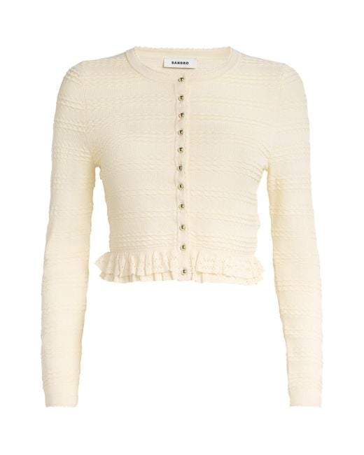 Sandro Frilled Cropped Cardigan in Natural | Lyst